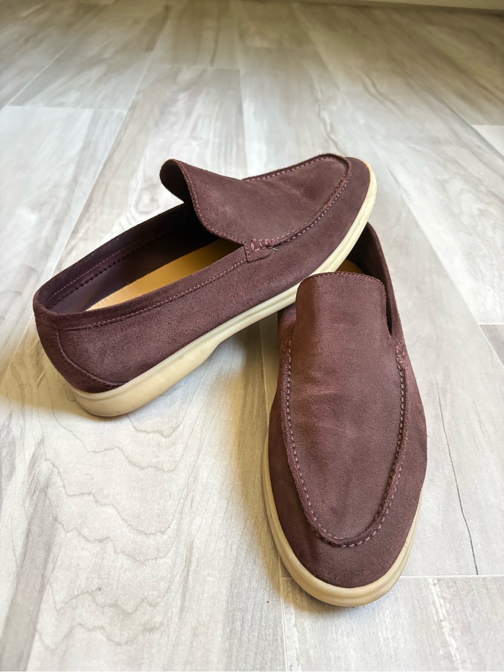 Loro Piana Suede Slip-On Loafers in Deep Brown with Cream Sole